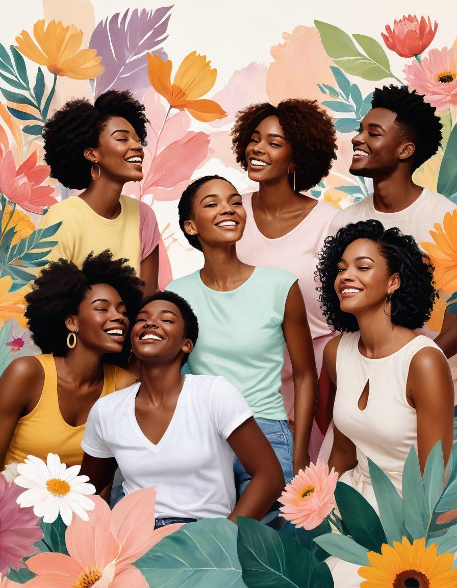 A vibrant and artistic collage illustrating joy and sensuality in mature adult entertainment, featuring a diverse group of confident adults joyfully expressing themselves in a celebratory atmosphere. Incorporate soft lighting and warm pastel colors to evoke a sense of comfort and empowerment. Elements like flowers and abstract shapes can enhance the feeling of liberation and self-discovery. The scene should be tastefully and artistically done to reflect positivity and allure. super-realistic. vibrant colors. soft focus.