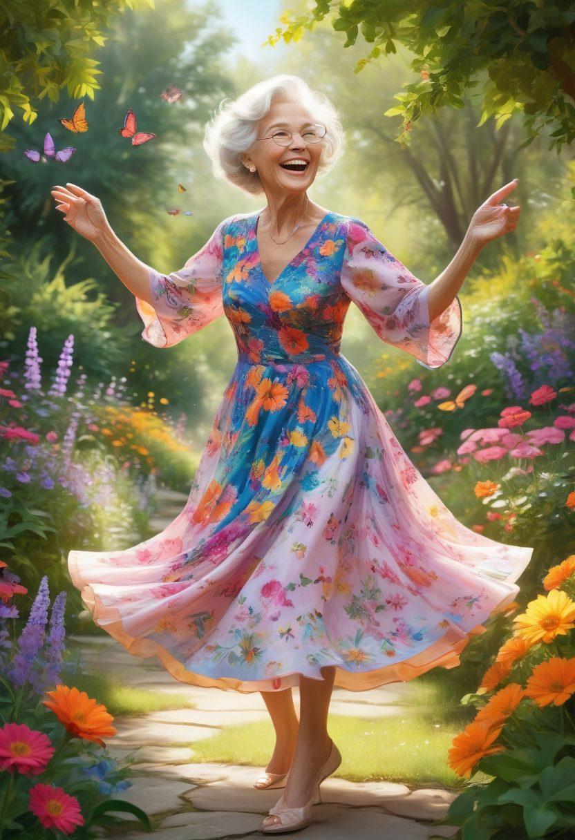 A whimsical illustration of a joyful grandmother in a vibrant garden, playfully dancing with colorful flowers around her, embodying a spirit of fun and sensuality. She wears a light, flowing dress that sways with her movement, and she has a mischievous smile on her face, surrounded by butterflies and sunbeams. The background is filled with bright colors and playful elements, celebrating life at any age. vibrant colors. playful illustration. cheerful atmosphere.